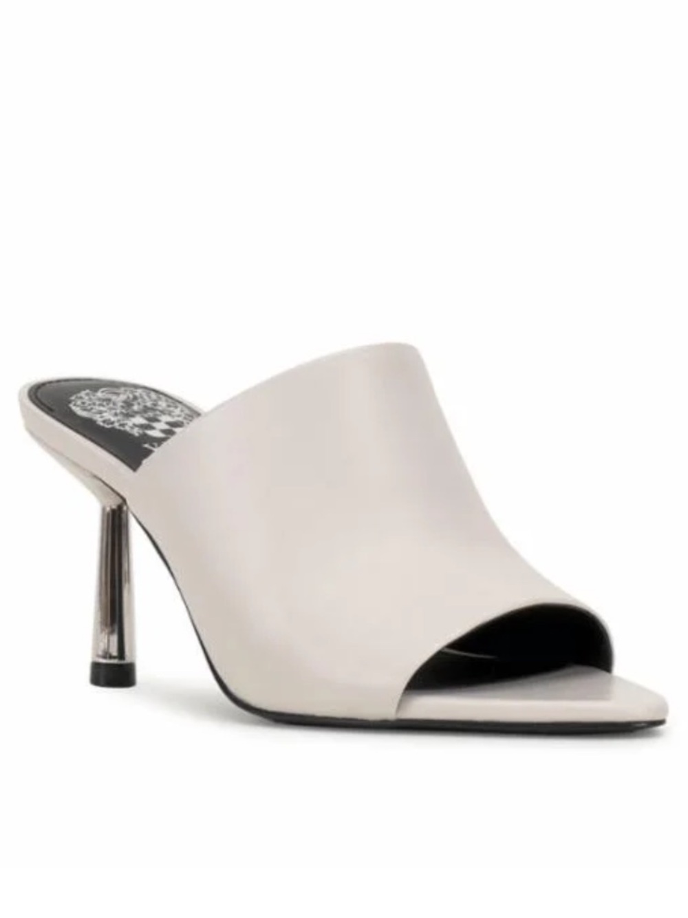 Vince Camuto Pileesa White Leather Mules Slides Sandal Silver Metal Heel 8.5 - Picture 2 of 9